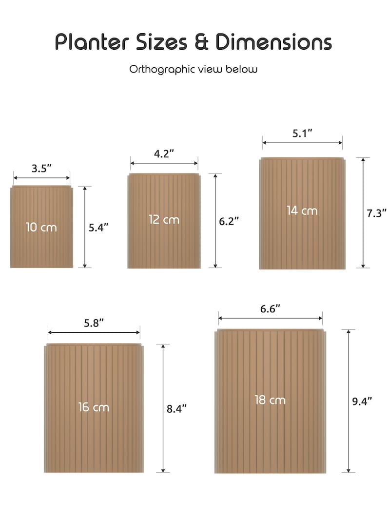 May include: Four different sizes of brown planter pots with ribbed sides. The pots are shown with their dimensions in inches and centimeters. The text "Planter Sizes & Dimensions" and "Orthographic view below" is also shown.