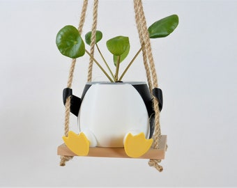 Penguin on a Swing Hanging Plant Pot Cute Animal Planter 3D Printed Penguin Pot Birthday Gift for Her and Him Clear Pots for Hanging Plants