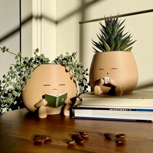 TOT with a Drink Cozy Planter Pot Coffee Lover Planter Cute Coffee Decor Plant Gift for Her, Him, and Plant Lover Clear Pots with Drainage