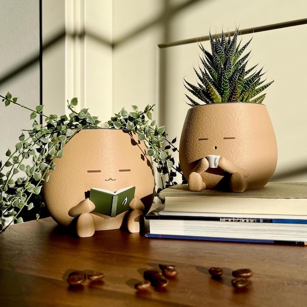 TOT with a Drink Cozy Planter Pot Coffee Lover Planter Cute Coffee Decor Plant Gift for Her, Him, and Plant Lover Clear Pots with Drainage