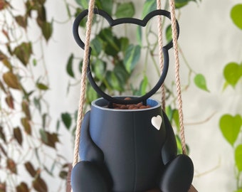 Black Bear Swing Planter with Heart Gift for Valentine's Day Plant Pots and Teddy Plant Trellis Cute Bear Lover Unique Home Decor Hanging