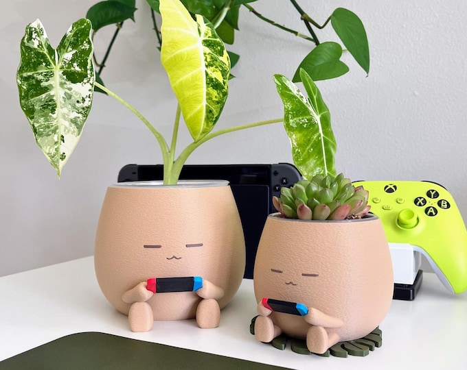 TOT with a Switch Controller Planter Pot Cozy Gaming Cute Desk Decor Gaming Gift for Her, Him, and Plant Lover Clear Pots with Drainage