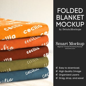 Folded Throw Blanket Mockup, 5 in 1 Blanket Mockup, Personalized Blanket for Sellers, Smart Mockup Velveteen Plush Blanket