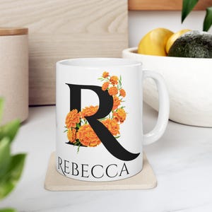 Custom Birth Flower Monogram Ceramic Mug (11oz, 15oz) Floral Alphabet Cup, Personalized Mug, Gift For Mom, Gift For Daughter Gift for Her