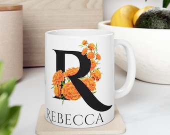 Custom Birth Flower Monogram Mug, Floral Alphabet Initial Cup