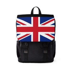 May include: Black backpack with a Union Jack flag design on the front flap. The backpack has adjustable straps and a zippered closure.