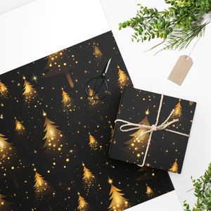 Wrapping Paper, Gold Luminous Christmas Trees on Black