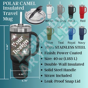 Descarga digital Taza de viaje aislada Polar Camel Carta de colores de 40 oz Maqueta de taza Descripción del producto POD Información de impresión bajo demanda Guía de tallas