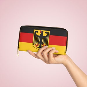 Cartera con cremallera de piel sintética con la bandera de Alemania, dos diseños con escudo de armas o bandera sencilla, elegante y funcional tarjetero y portamonedas