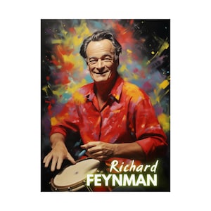 May include: A colourful portrait of Richard Feynman playing a bongo drum. The background is a vibrant abstract design with splashes of colour.