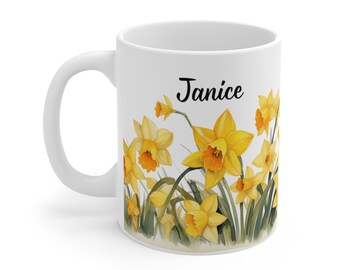 Mug personnalisé jonquille, cadeau fleur de naissance mars