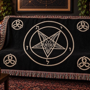 Baphomet Sigil Woven Blanket, Satanic Jacquard Cotton Throw, Occult Pentagram Goat Head Blanket, Gothic Home Decor, 666 Symbol