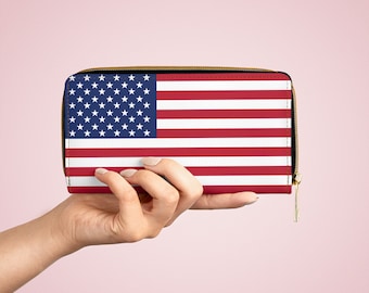 American Flag Zipper Wallet Faux Leather Two Designs Modern Stars and Stripes or Betsy Ross Historic Flag Stylish Card and Cash Holder
