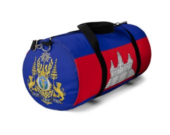 Cambodia Flag Duffel Bag with Royal Arms Lightweight Travel Gym Bag in Small or Large with Adjustable Shoulder Strap