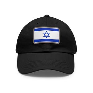 May include: Black baseball cap featuring a rectangular patch with the flag of Israel. The patch displays a blue Star of David on a white background, framed by blue stripes. The cap is made of a durable fabric and has a curved brim.