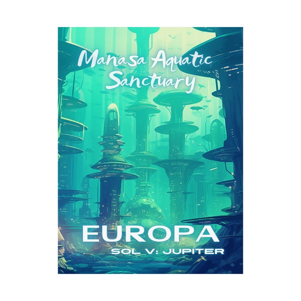 Europa Travel Poster, Jupiter Mond Unterwasserstadt, Weltraumkolonie, NASA, Weltraumforschung, Sonnensystem, matte, vertikale Poster