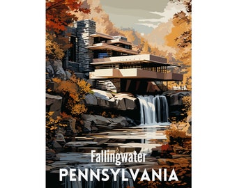 affiche de voyage en Pennsylvanie | Chute d'eau | Frank Lloyd Wright | Illustration dynamique | Fini mat