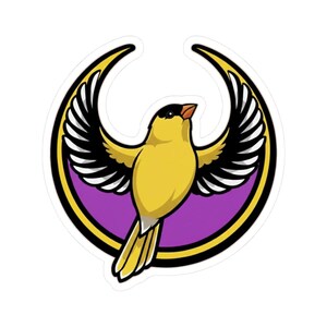 May include: A sticker featuring a stylized yellow bird with black and white wings, set against a purple circle within a yellow and black crescent shape. The bird has a black head and orange beak.