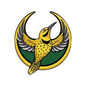 May include: A sticker featuring a yellow bird with black spots and a black beak, set against a green background within a gold crescent shape. The bird has open wings with black and white details.