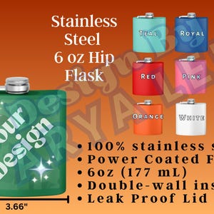 Descarga digital Polar Camel Acero inoxidable 6 oz Petaca Carta de colores Maqueta Descripción del producto POD Impresión bajo demanda Información Guía de tallas