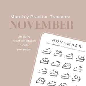 NOVEMBER - Maandelijkse pianooefentracker | pdf digitale download | pianoles | kleurplaat | thema Thanksgiving-taartplakken