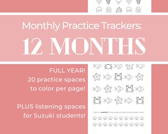 12 MONTH BUNDLE - SUZUKI Monthly Piano Practice Tracker  |  pdf digital download