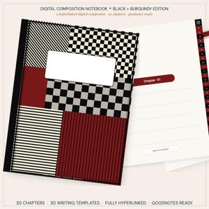 Puede incluir: Un cuaderno de composición digital en edición negro y burdeos con una portada de bloques a cuadros, rayas y colores sólidos. La página interior muestra un encabezado de Capítulo 01, espacio de escritura con líneas y un menú lateral.