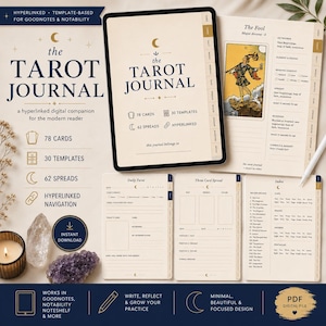 Könnte beinhalten: Ein digitales Tarot-Journal für Goodnotes und Notability mit Hyperlink-Navigation, 78 Karten, 30 Vorlagen und 62 Layouts. Die Benutzeroberfläche zeigt ein cremefarbenes Design mit dunkelblauem Text, inklusive Index, Tages-Tarot und Drei-Karten-Legung.