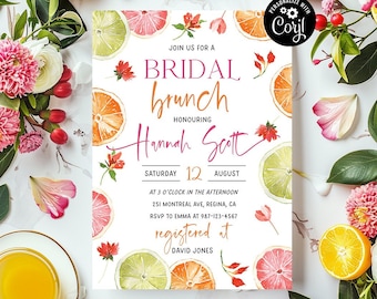 Editable Citrus Bridal Brunch Invitation Orange Bridal Shower Floral Citrus Bridal Shower Invite Mediterranean Theme Pink Orange Brunch