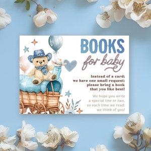 Livres de cow-boy modifiables pour carte de bébé Une petite demande de livres de baby shower de cow-boy Wild West Western Boy Blue Outdoors Rodeo Book Ticket CB3