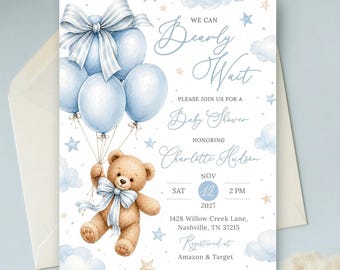 Teddy Bear Baby Shower Invitation, Blue Balloon, Watercolor Bear (Editable Canva Template)