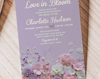 Love in Bloom Bridal Shower Invitation, Pink Purple 3D Floral Wedding Shower Template (Digital)