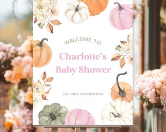 Dyniowy znak powitalny, jesienny znak powitalny na baby shower, do druku, mały szablon dyniowego znaku powitalnego na baby shower dla dziewczynki, P12
