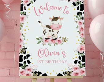 Panneau de bienvenue pour le 1er anniversaire de la vache sacrée, fête de la basse-cour entre filles (téléchargement numérique)