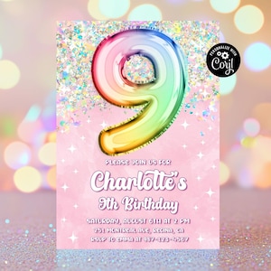 Editable Pink 9th Birthday Invitation Template Glitter Birthday Party Invite Rainbow Foil Girl Ninth Birthday 9 Year Old Girl Party Invite
