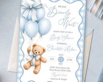 Teddy Bear Baby Shower Invitation Boy, Blue Gingham, Vintage Style (Editable Template)