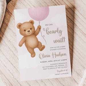 We Can Bearly Wait Baby Shower Invitation Template Girl Bear Shower Pink Teddy Bear Baby Shower Invite Pink Balloons Bear Baby Girl Shower