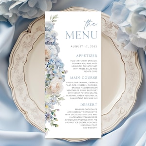 Stoffige blauwe bruids douche menusjabloon brunch menukaart elegante bruiloft menu lunchmenu afdrukbaar menu blauw menu dinermenusjabloon F22