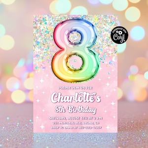 Editable Pink 8th Birthday Invitation Template Glitter Birthday Party Invite Rainbow Foil Girl Eighth Birthday 8 Year Old Girl Party Invite