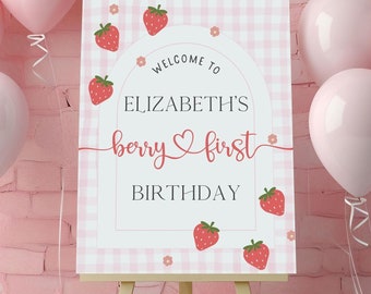 Editable Pink Gingham Berry First Birthday Welcome Sign Template Berry First Welcome Sign Berry Sign Digital Strawberry Birthday Party B1