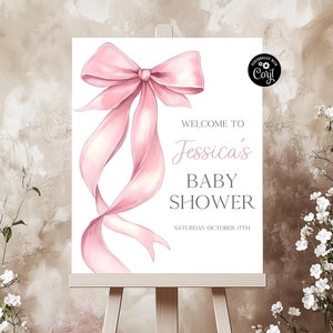 Pink Bow Welcome Sign Pink Bow Baby Shower Welcome Sign Printable Pink Bow Baby Girl Shower Sign Template Girl Baby Shower Welcome Sign B13