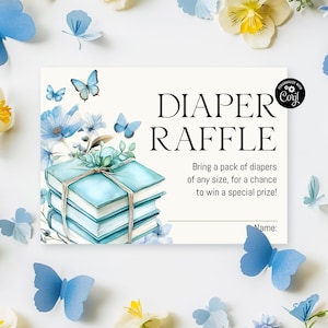 Un nouveau chapitre commence Carte de tombola de couches pour baby shower, livre de contes bleu, modèle sur le thème de papillons fleurs sauvages pour baby shower, tombola de couches de livre de contes NC1