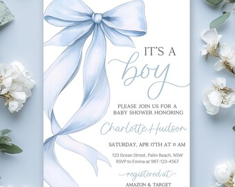 Blue Bow Baby Shower Invitation, It's A Boy (Digital Download)