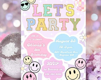 Party Patch Letter Birthday Party Invitation Template Girl Birthday Party Varsity Patch Birthday Birthday Invite Preppy Party Smiley Face P7