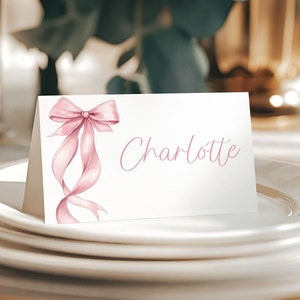 Plantilla para tarjeta de nombre, tarjeta de lugar, lazo rosa, letrero de "She Tied The Knot", tarjetas con nombre para mesa de boda, tarjeta para asientos de novia, etiqueta con nombre para mesa B12