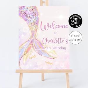Mermaid Tail Birthday Welcome Sign Under the Sea Birthday Poster Girl Editable Birthday Template Purple Mermaid Welcome Signs Mermaid Bash
