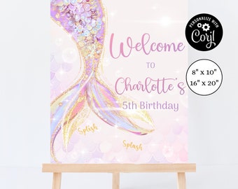 May include: A mermaid-themed birthday sign on a wooden easel. The sign features a mermaid tail design in pink, purple, and gold, with the text "Welcome to Charlotte's 5th Birthday." Available in 20.3cm x 25.4cm and 40.6cm x 50.8cm sizes.