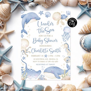 Under the Sea Baby Shower Invitation Sea Animal Invitation Baby Shower Boy Blue Under the Sea Invite Whale Ocean Boys Baby Announcement