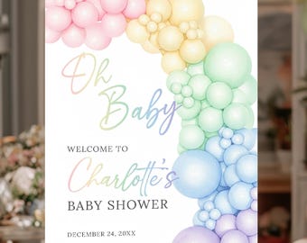 Pastel Rainbow Balloons Baby Shower Welcome Sign, Elegant Canva Template (Digital Download) B60