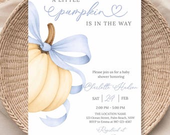 Pumpkin Baby Shower Invitation, Blue Bow Fall Sign Canva Template (Digital Download)